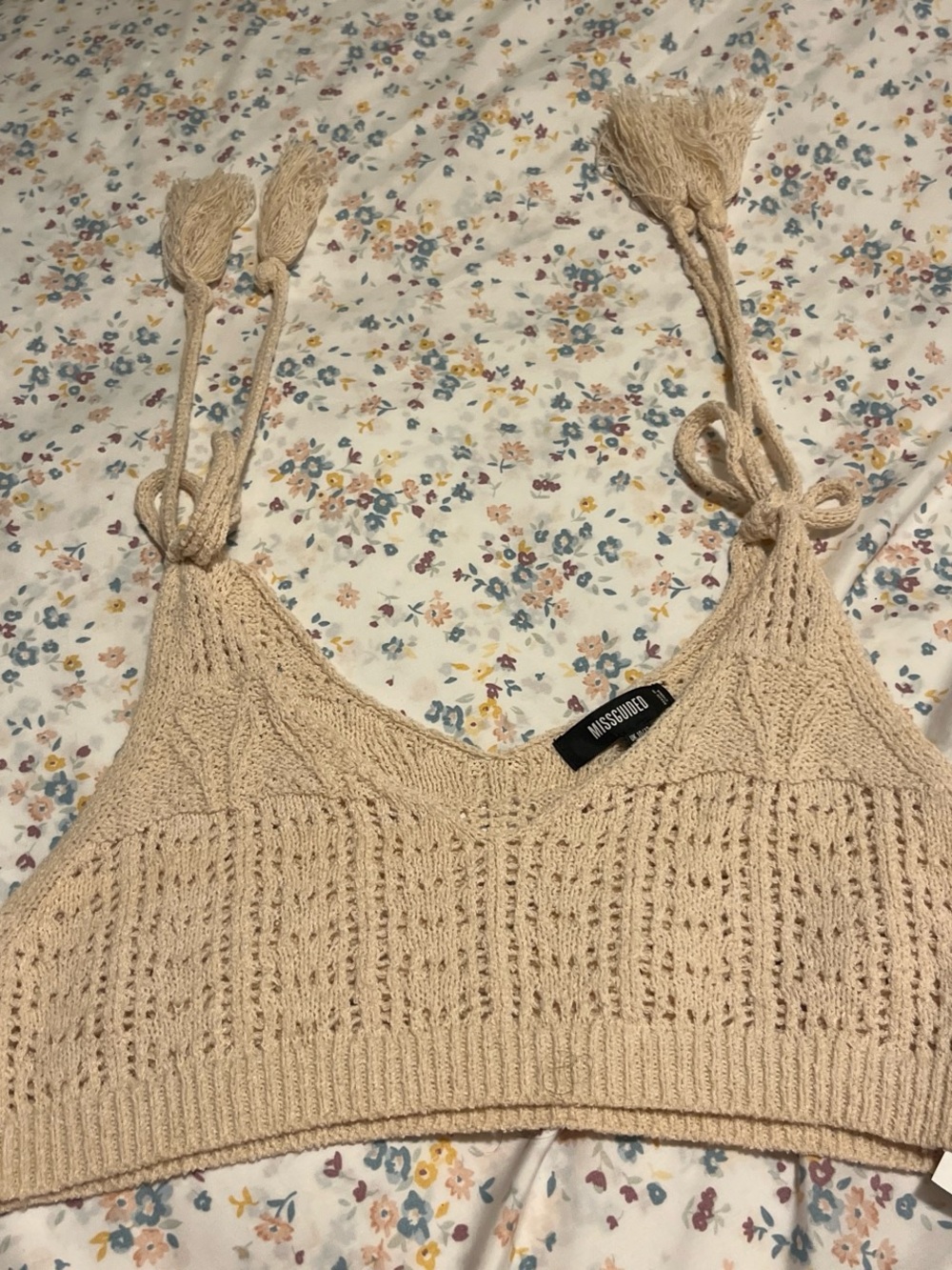 Missguided Cream Knit Tie-Strap Bralette